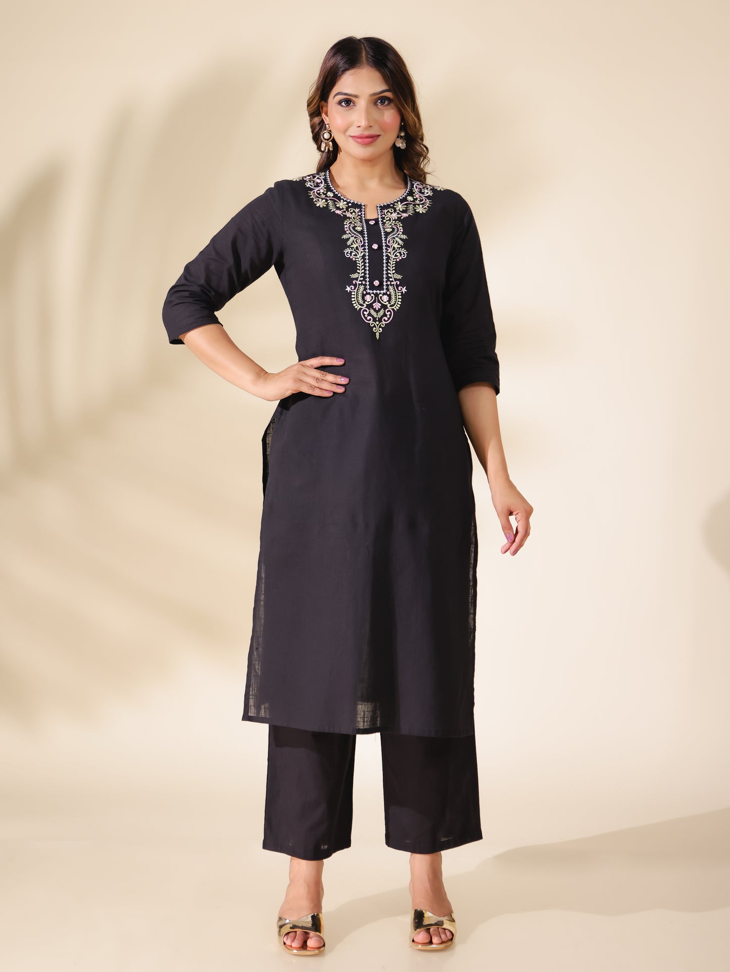 Embroidered Natural Cotton Solid Straight Black Kurta