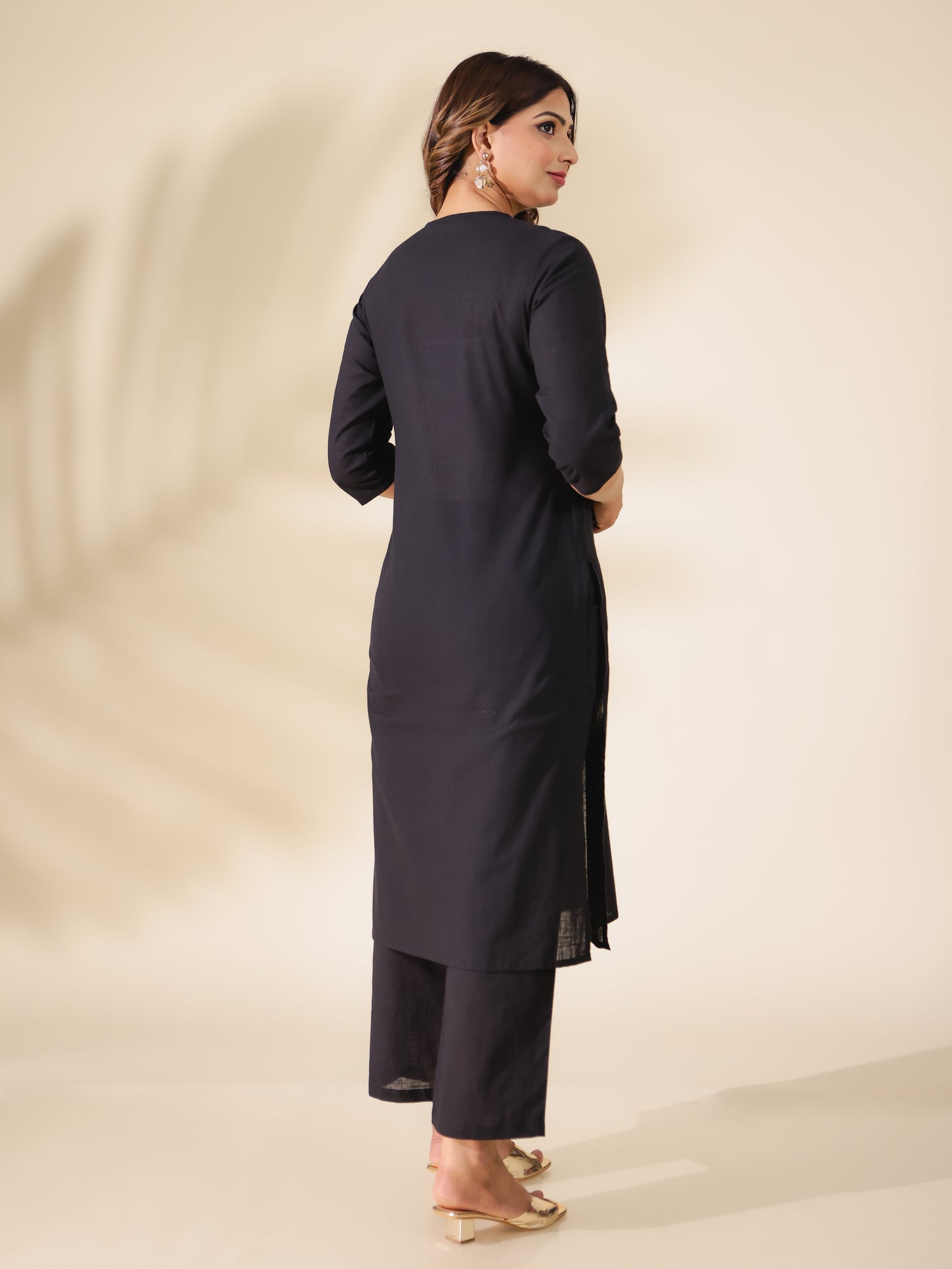 Embroidered Natural Cotton Solid Straight Black Kurta