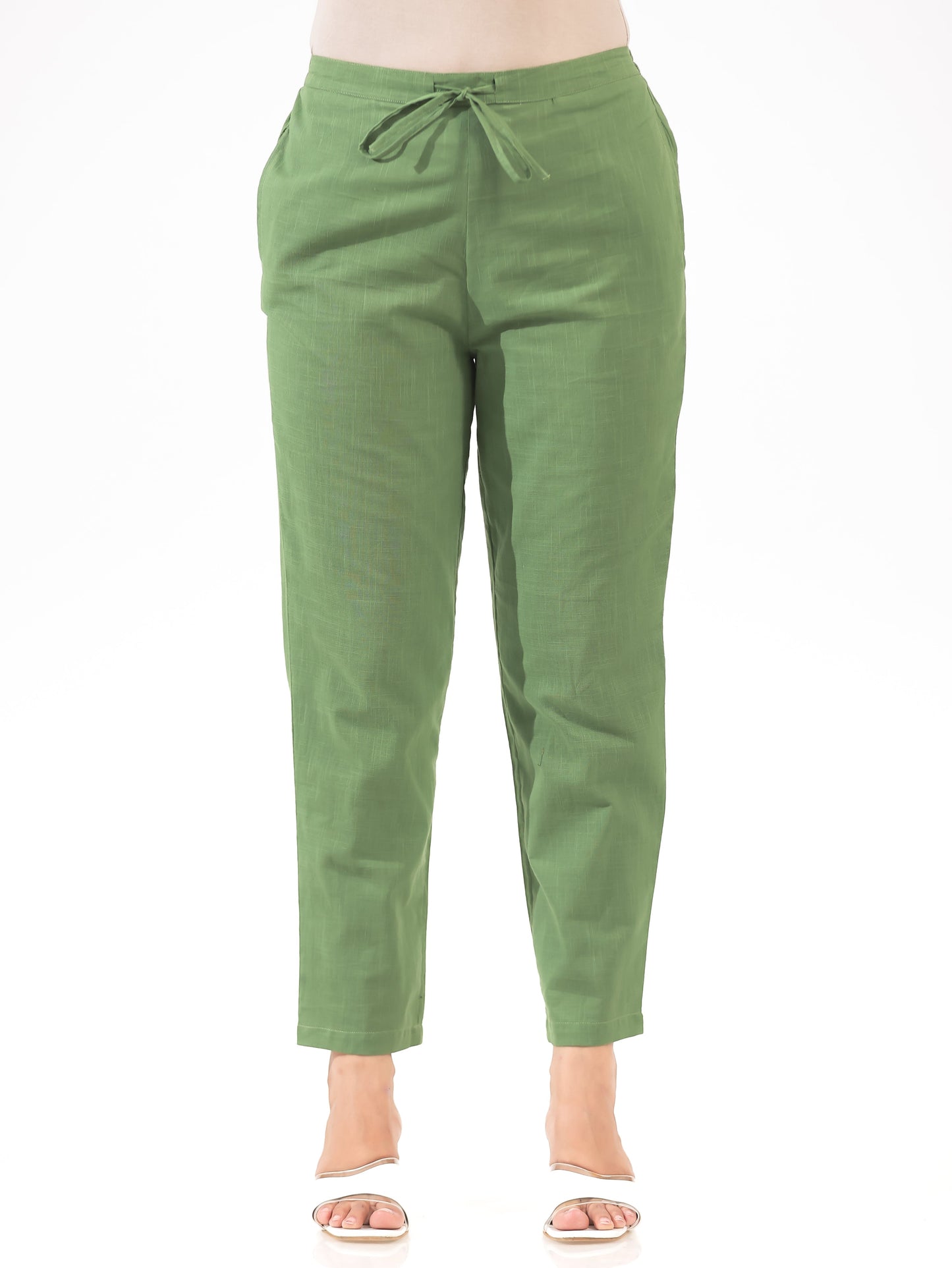 Natural Cotton Solid Green Tapered Trousers