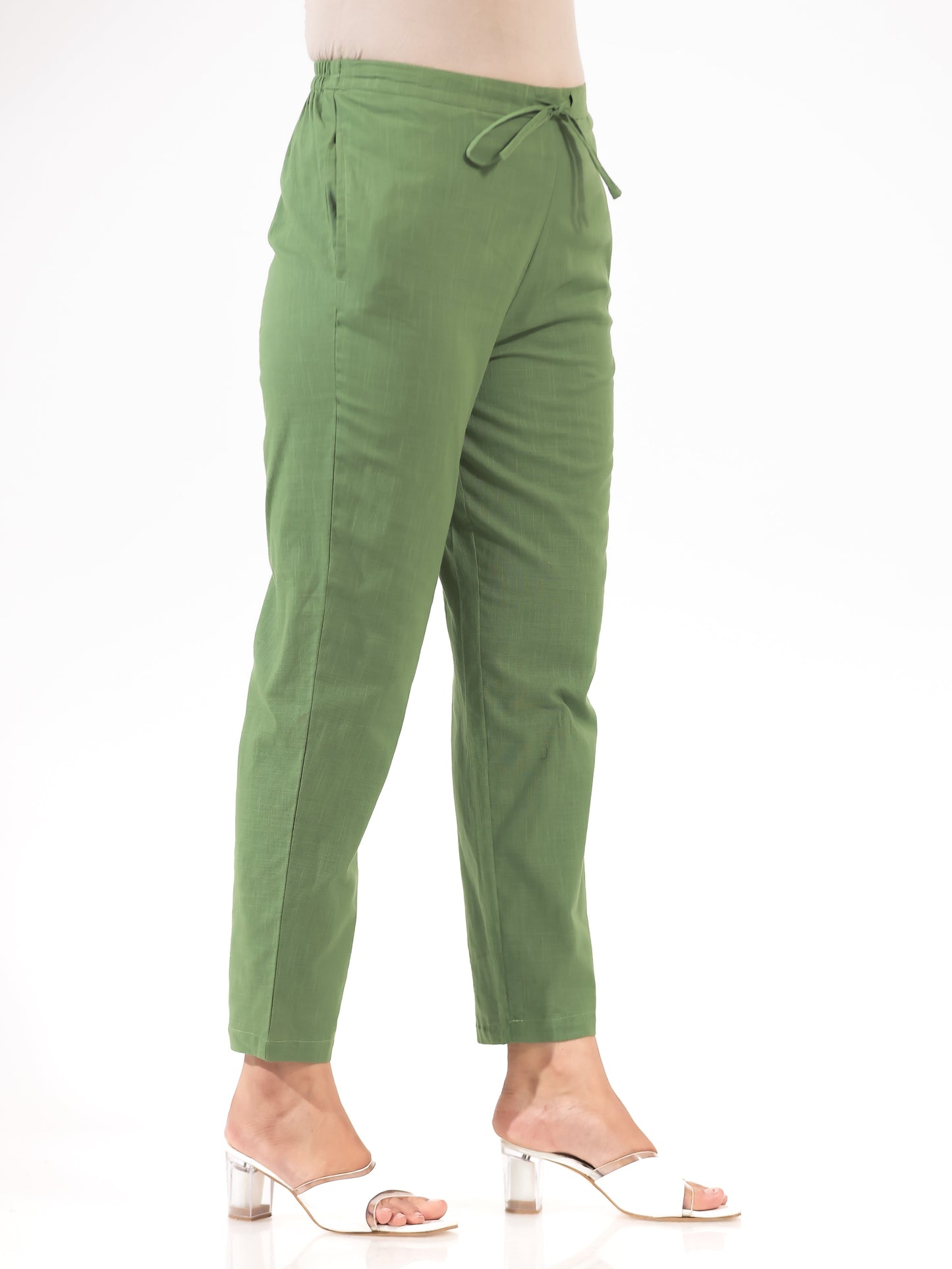 Natural Cotton Solid Green Tapered Trousers