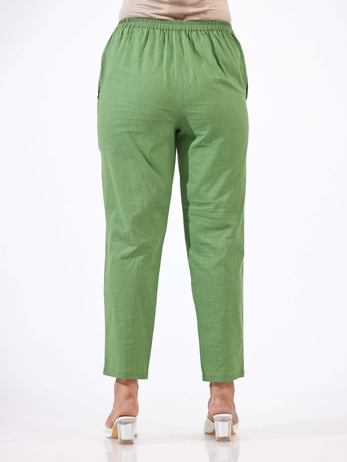 Natural Cotton Solid Green Tapered Trousers