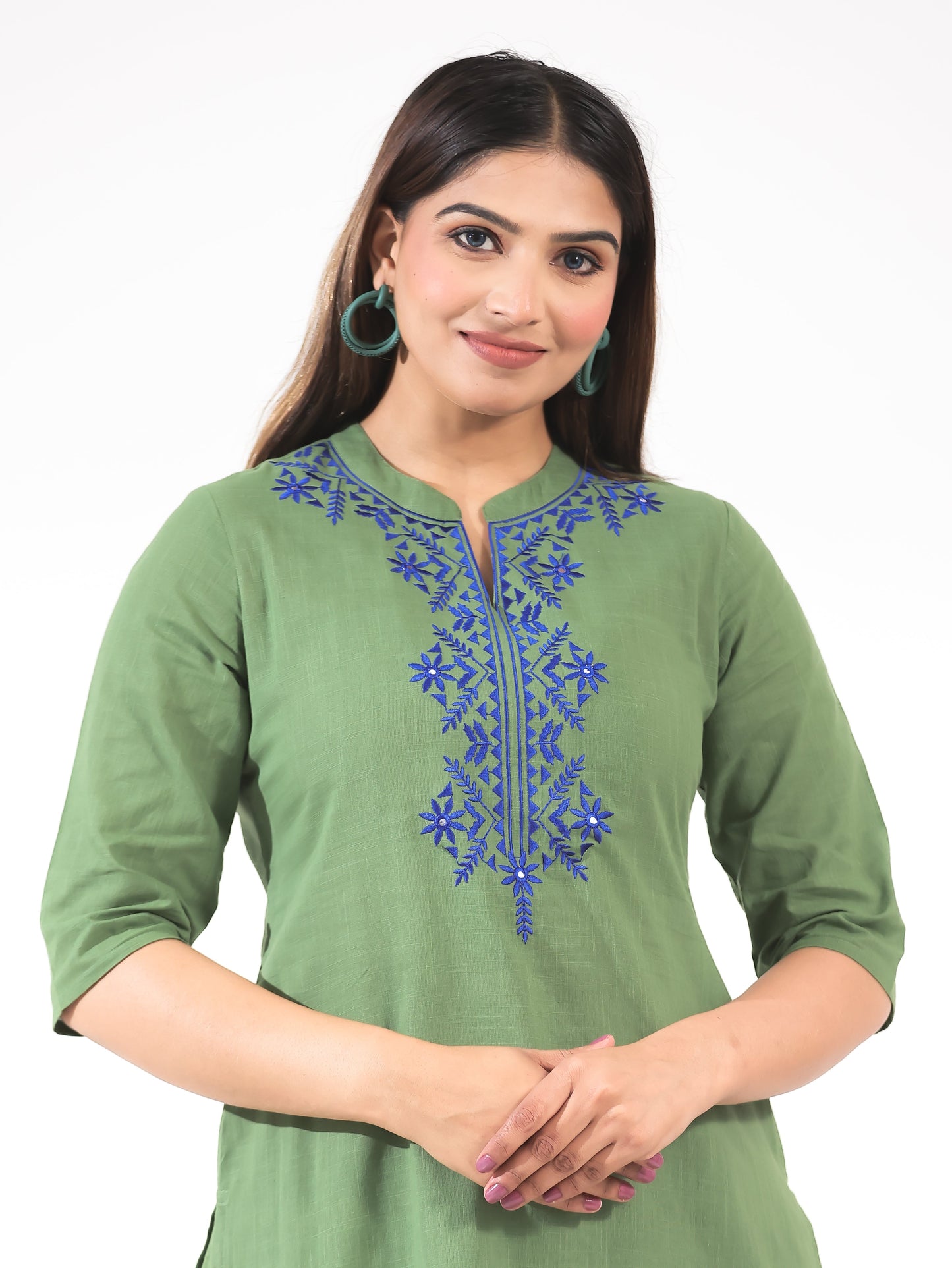 Embroidered Natural Cotton Solid Straight Green Kurta