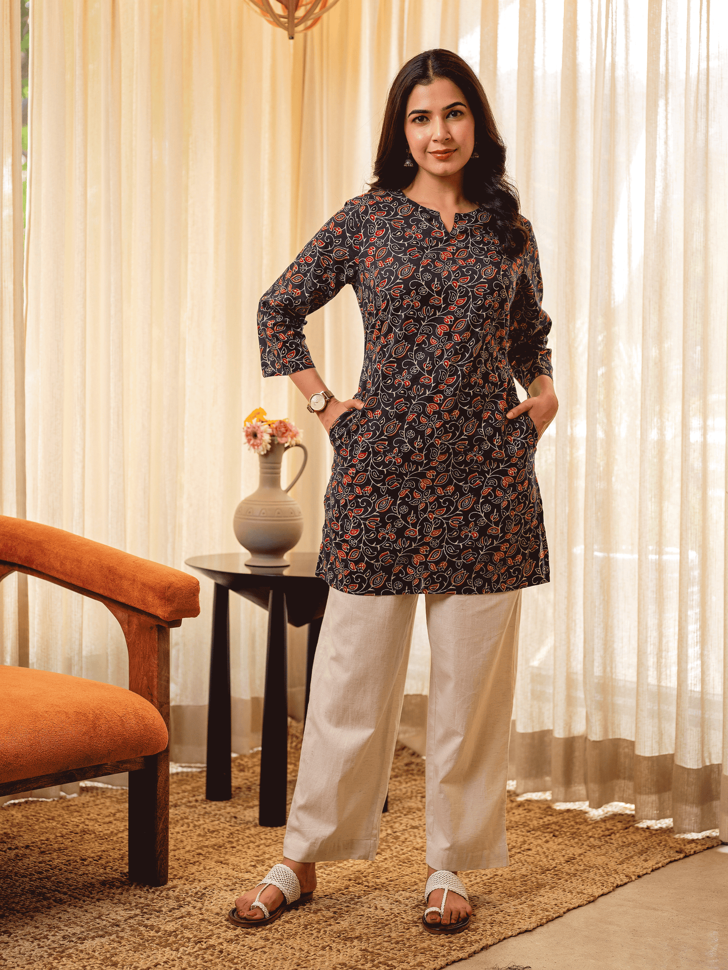 Soft Cotton Floral Straight Indigo Kurti