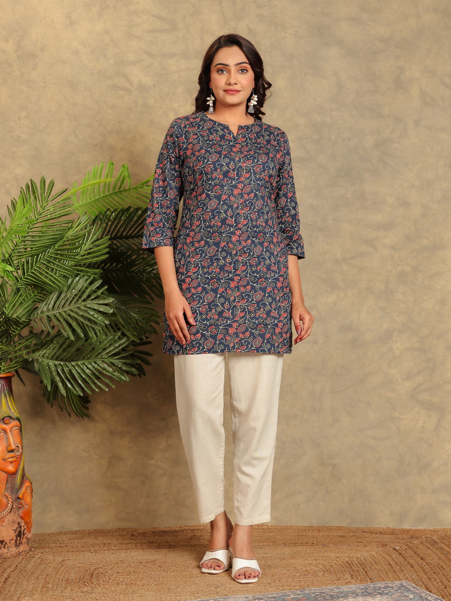 Soft Cotton Floral Straight Indigo blue Kurta