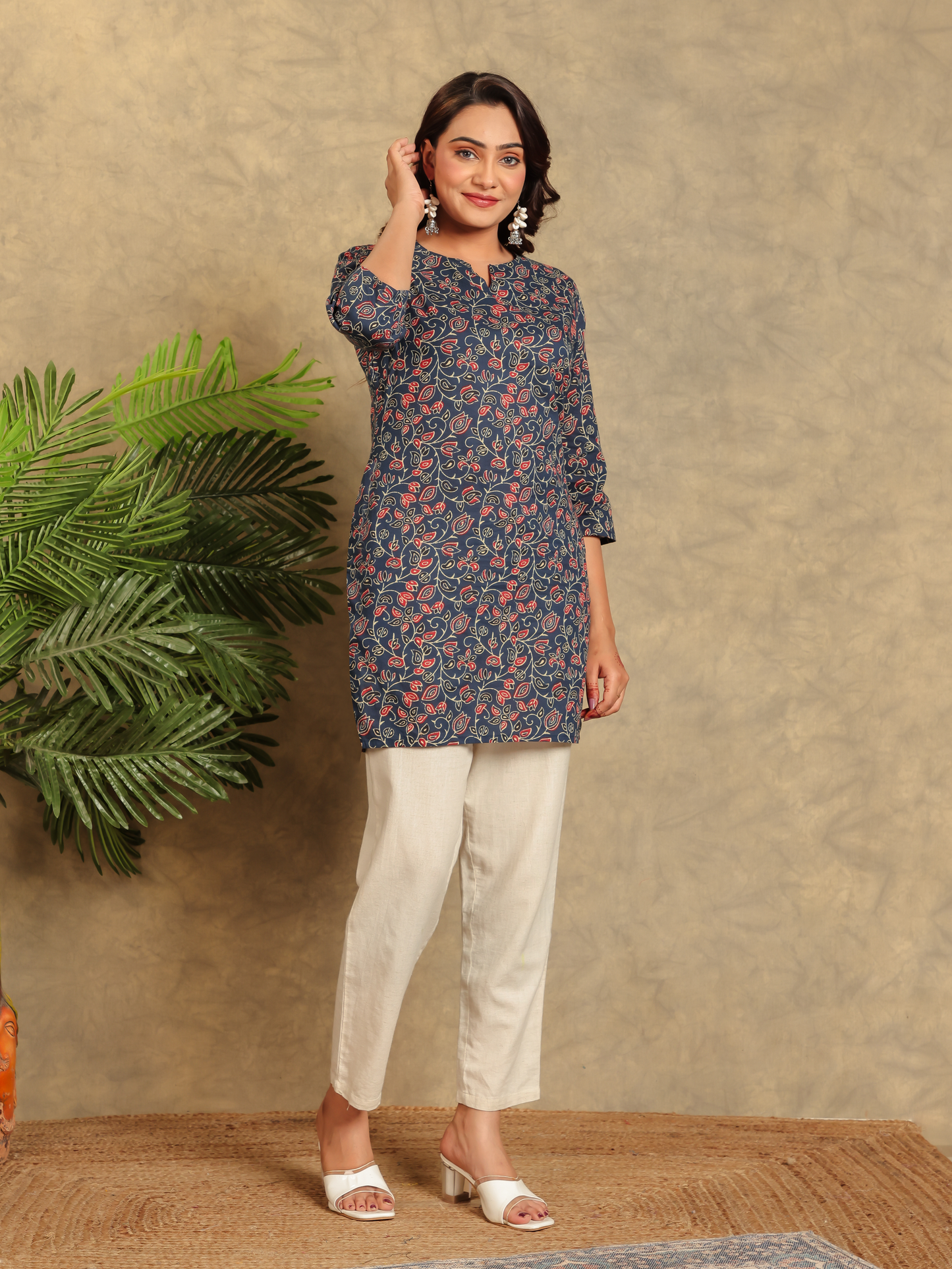 Soft Cotton Floral Straight Indigo blue Kurta
