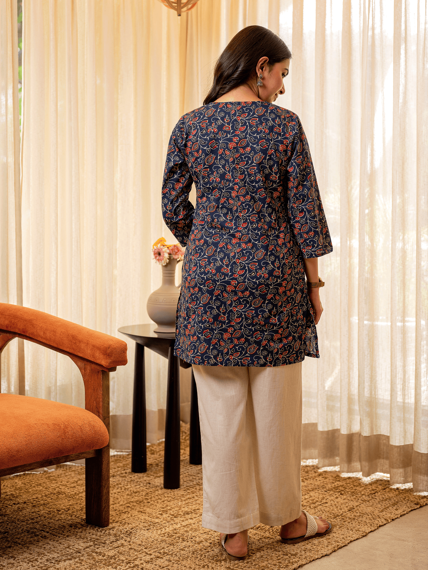 Soft Cotton Floral Straight Indigo Kurti