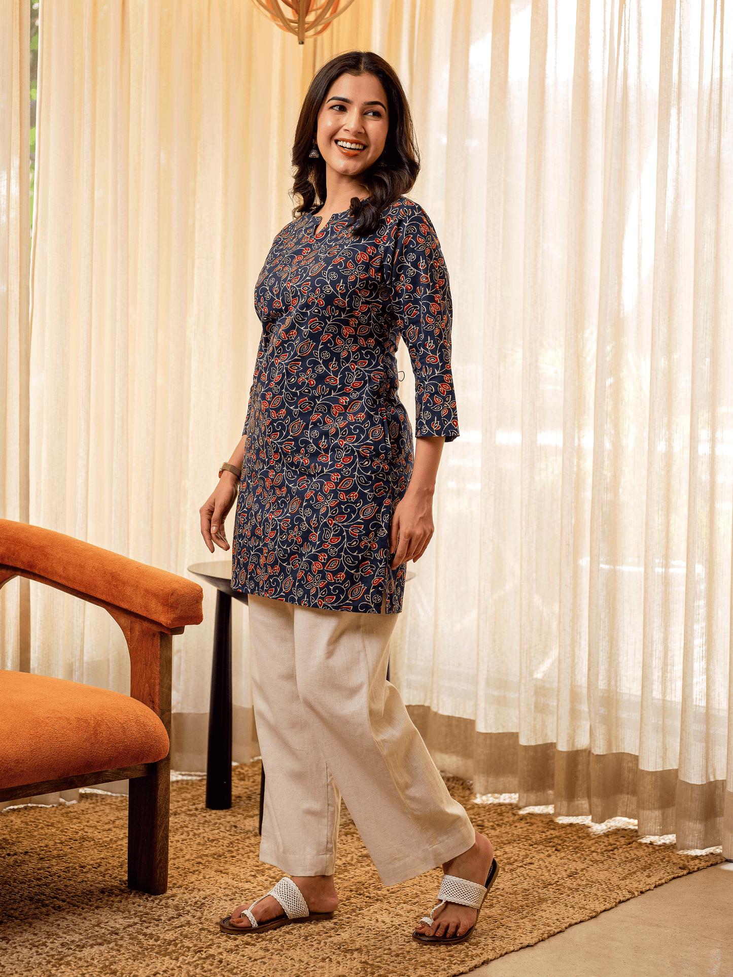 Soft Cotton Floral Straight Indigo Kurti