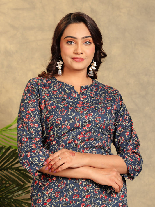 Soft Cotton Floral Straight Indigo Kurti