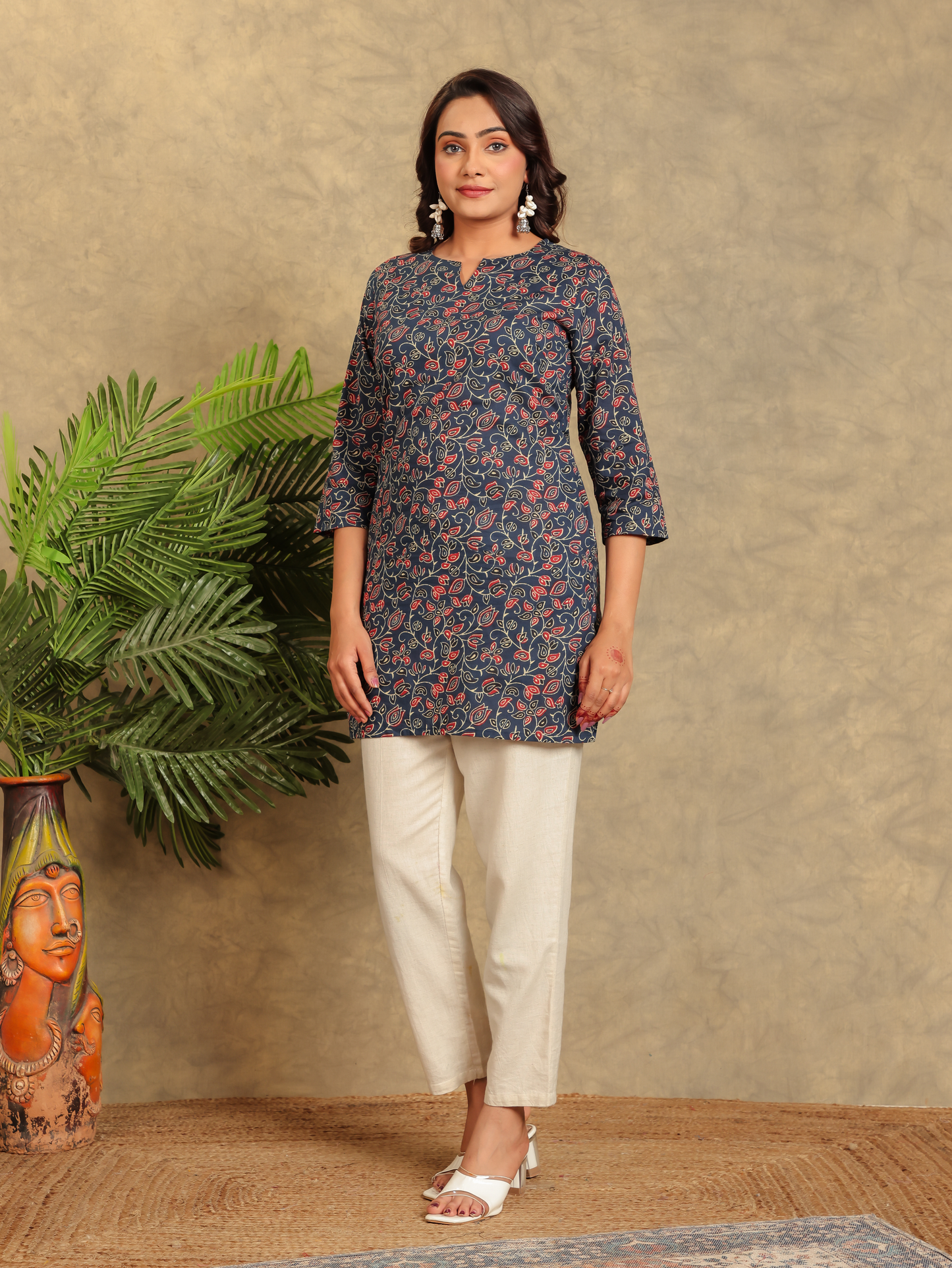Soft Cotton Floral Straight Indigo blue Kurta