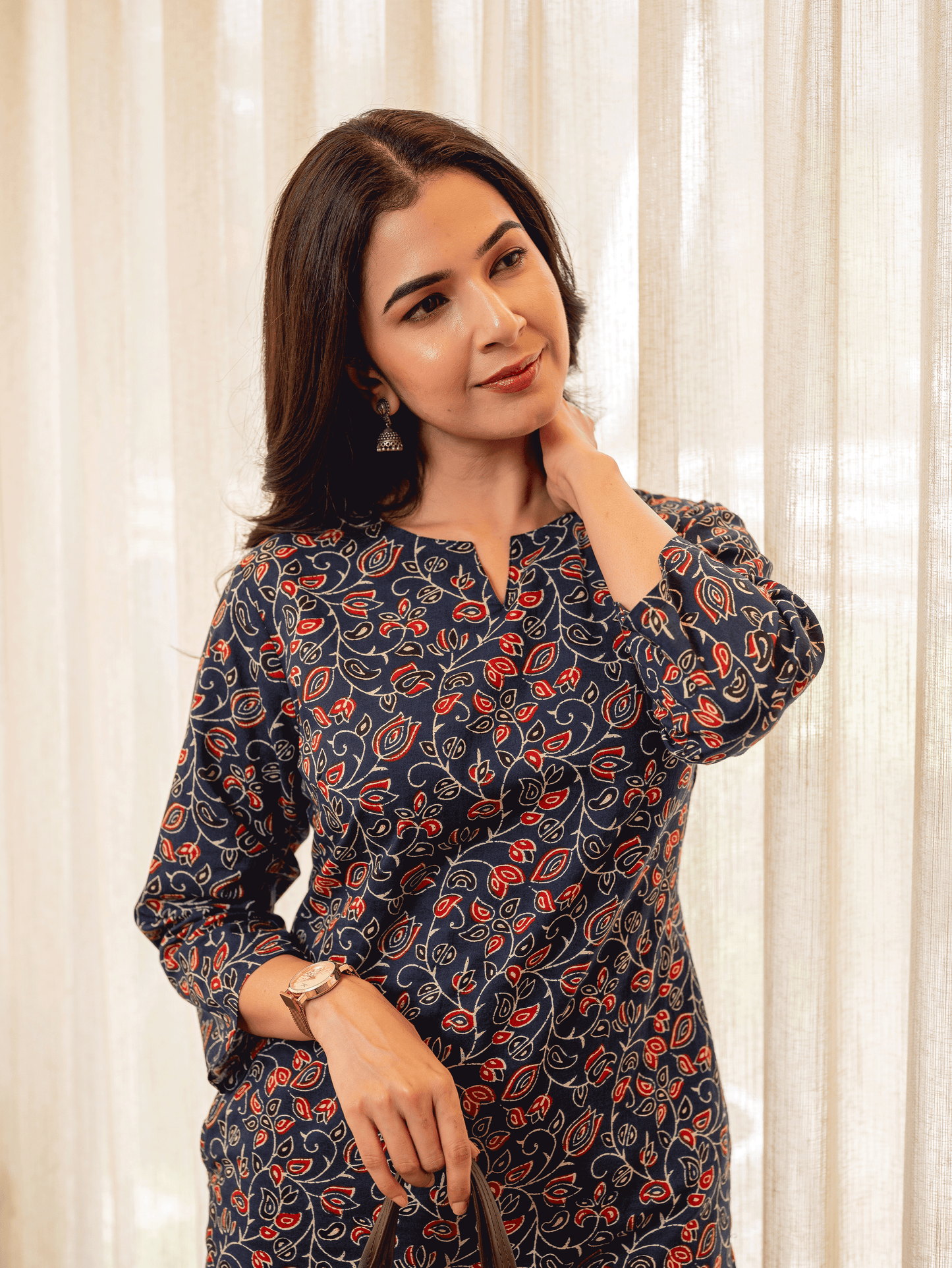 Soft Cotton Floral Straight Indigo Kurti