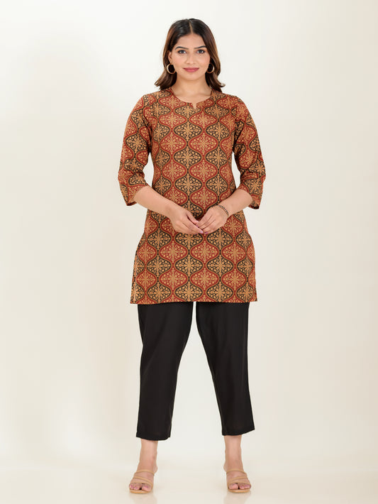 Soft Cotton Geometric Straight Red Kurti