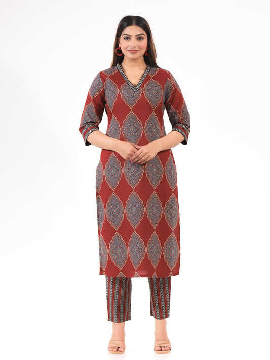 Soft Cotton Geometric Straight Maroon Kurta