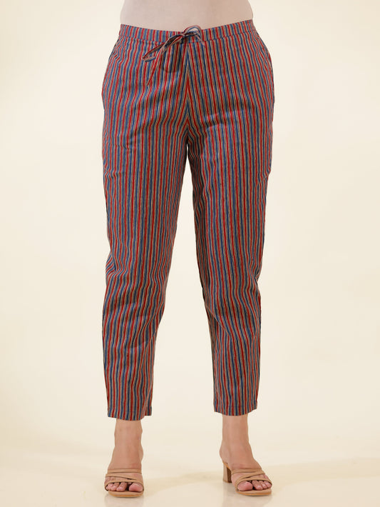Soft Cotton Striped Blue Tapered Trousers