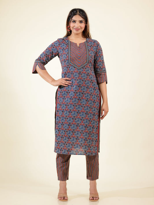 Soft Cotton Geometric Straight Blue Kurta