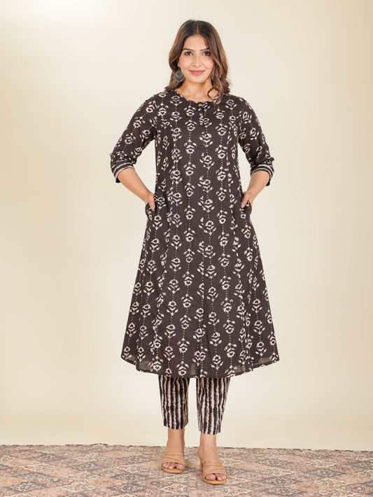 Soft Cotton Floral A-line Black Kurta