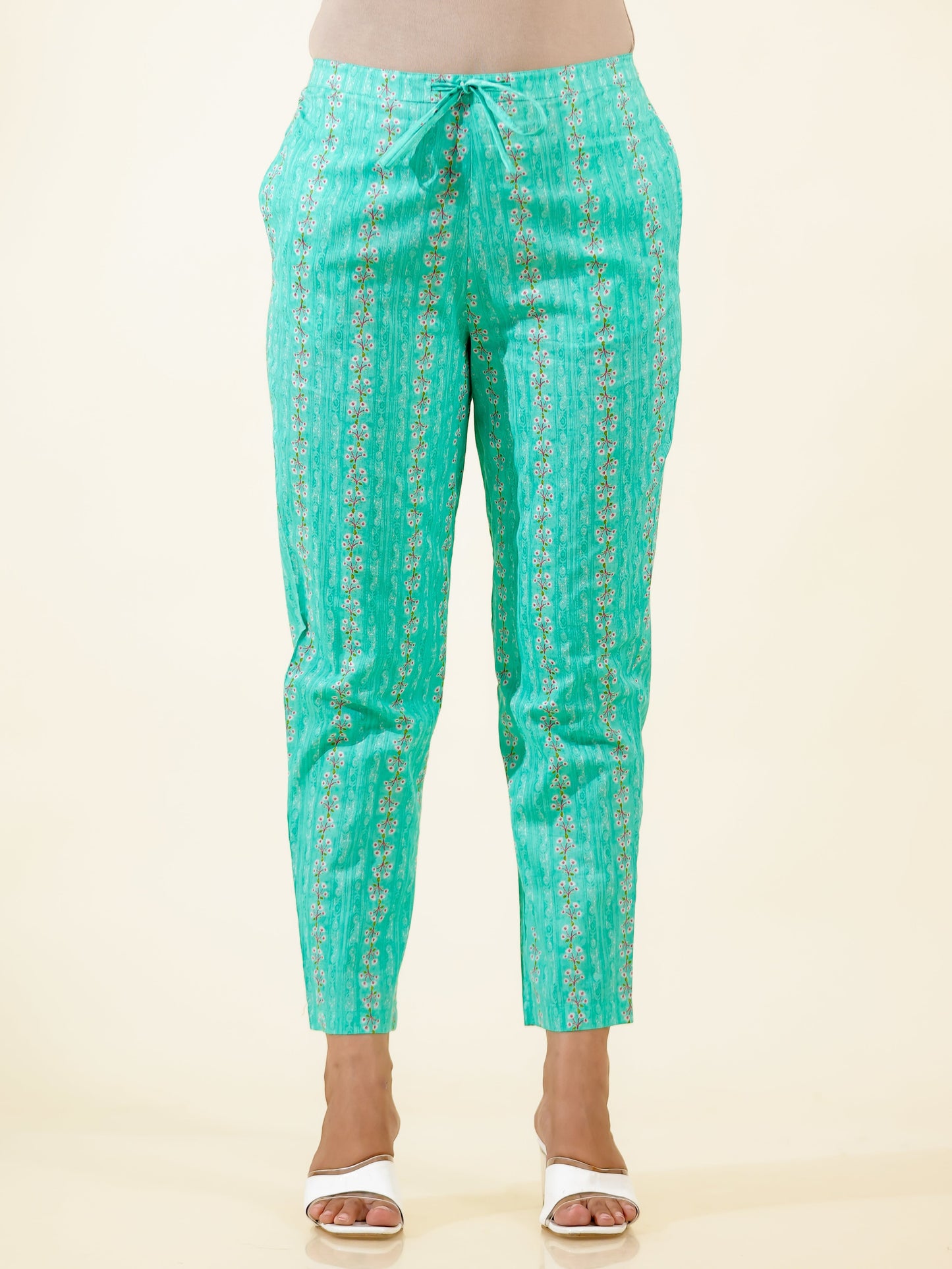 Soft Cotton Striped Green Tapered Trousers