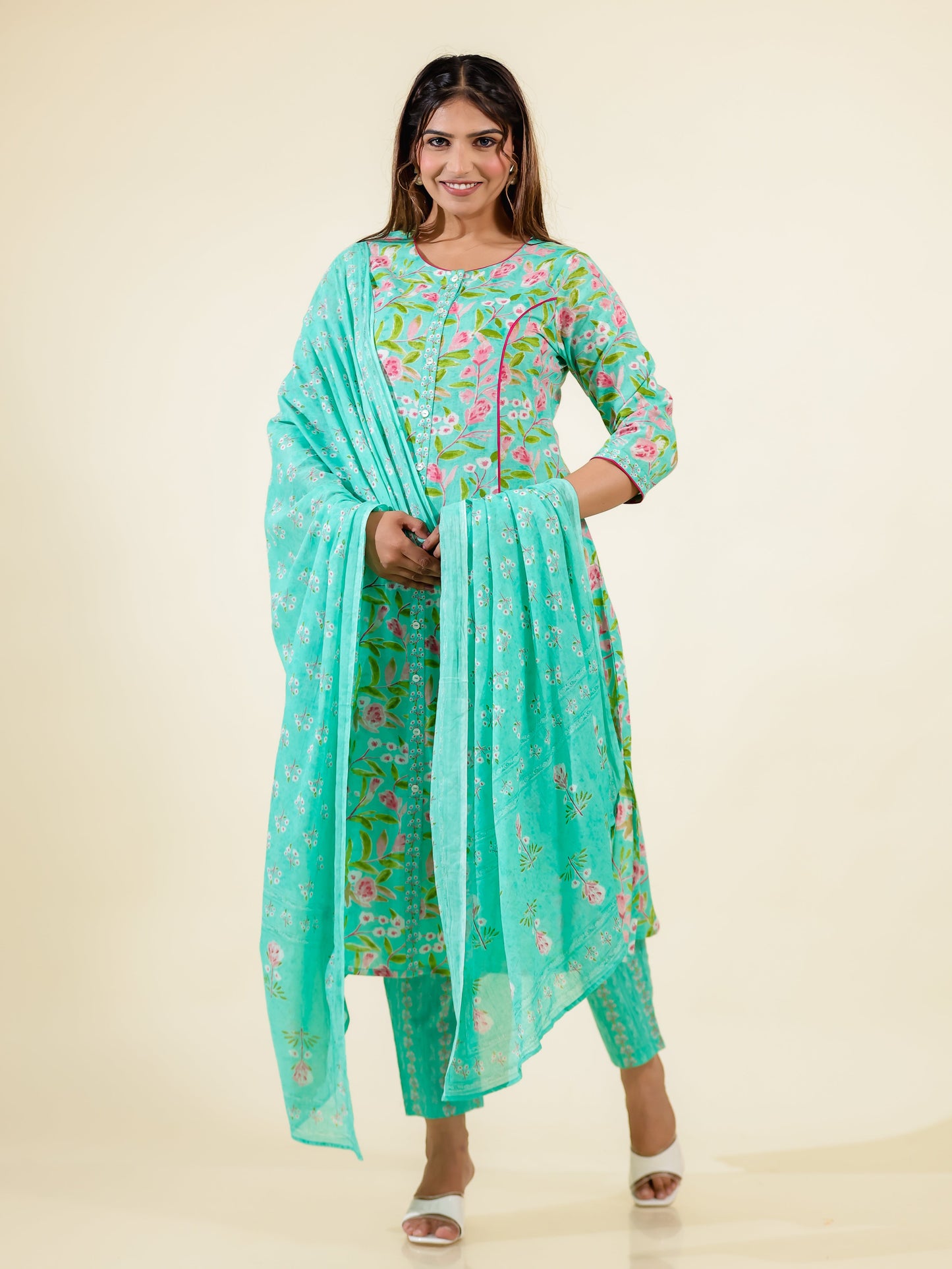 Soft Cotton Floral A-line Green Kurta