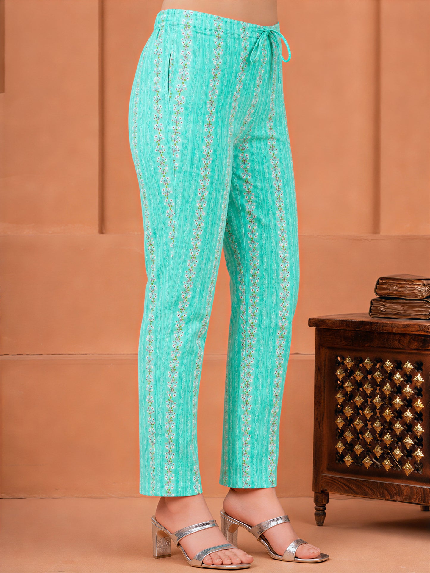 Soft Cotton Striped Green Tapered Trousers
