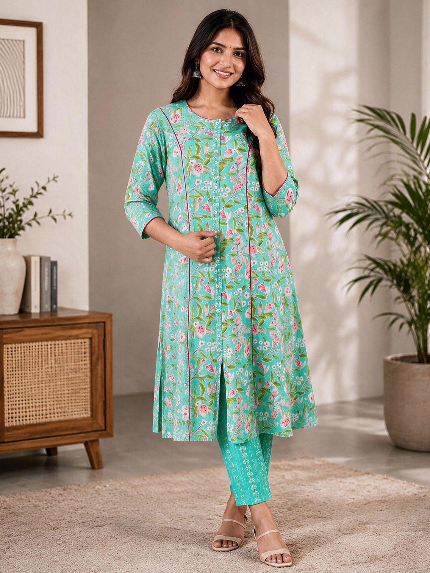 Soft Cotton Floral Flared Green Kurta