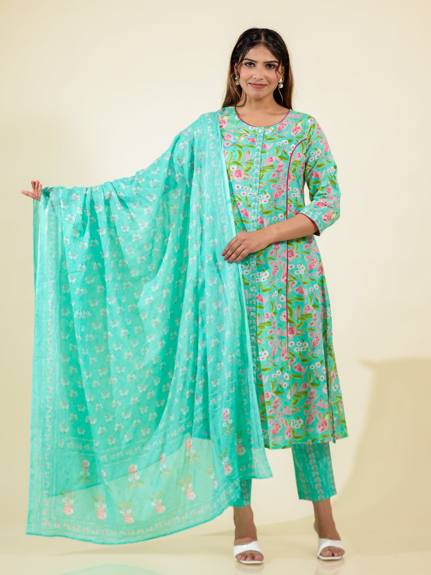 Soft Cotton Floral A-line Green Kurta