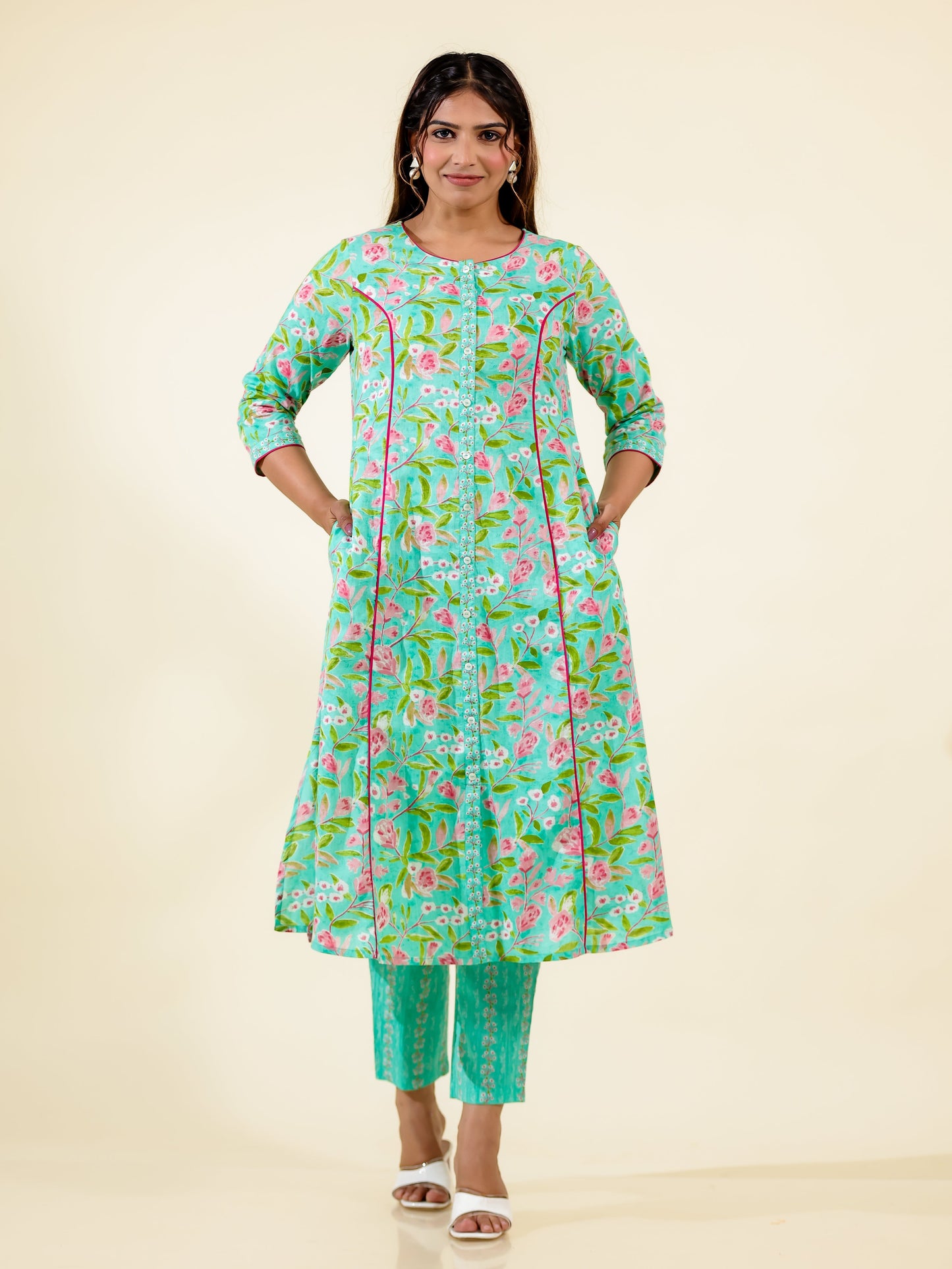 Soft Cotton Floral A-line Green Kurta
