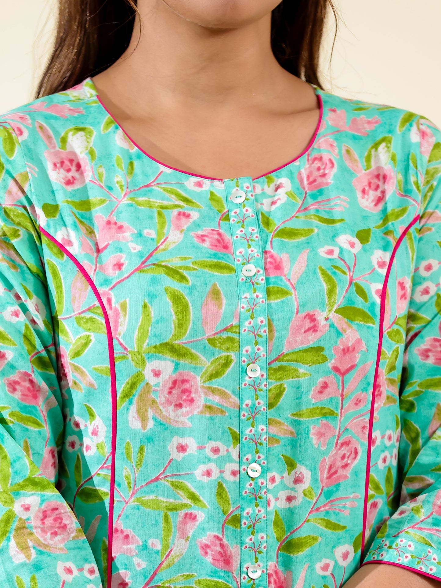 Soft Cotton Floral A-line Green Kurta
