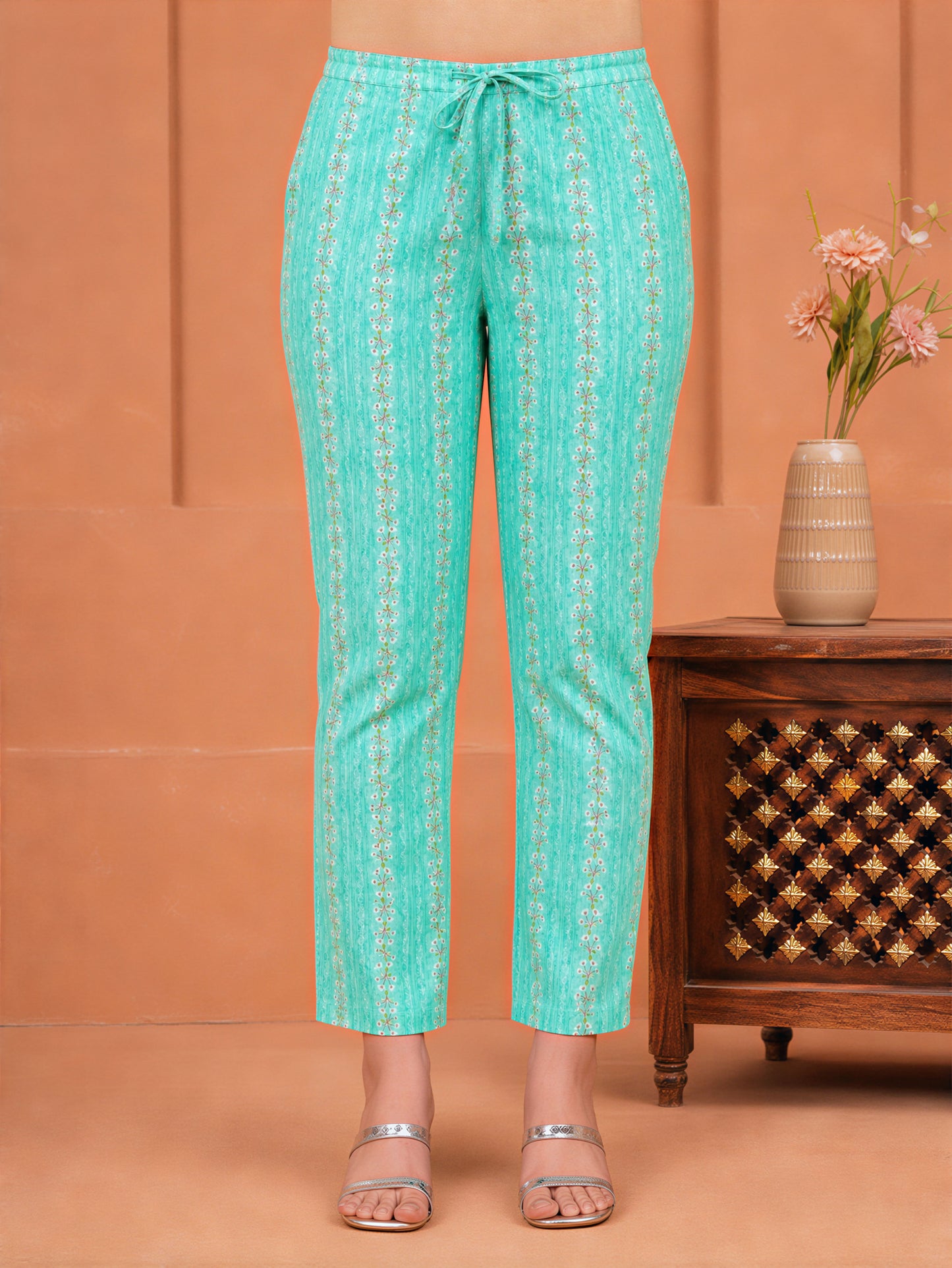 Soft Cotton Striped Green Tapered Trousers