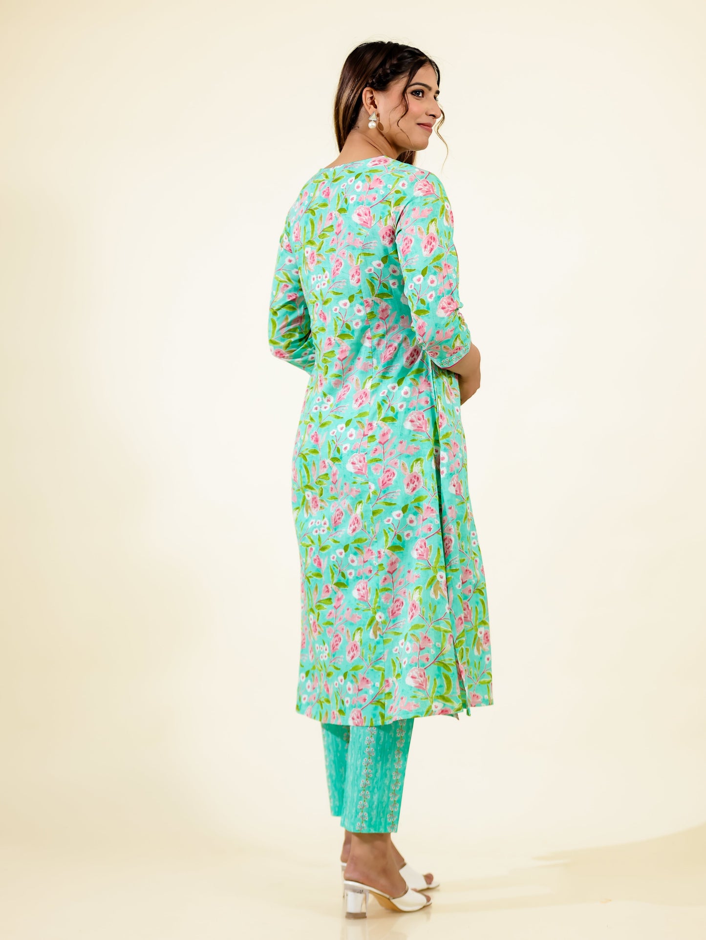 Soft Cotton Floral A-line Green Kurta