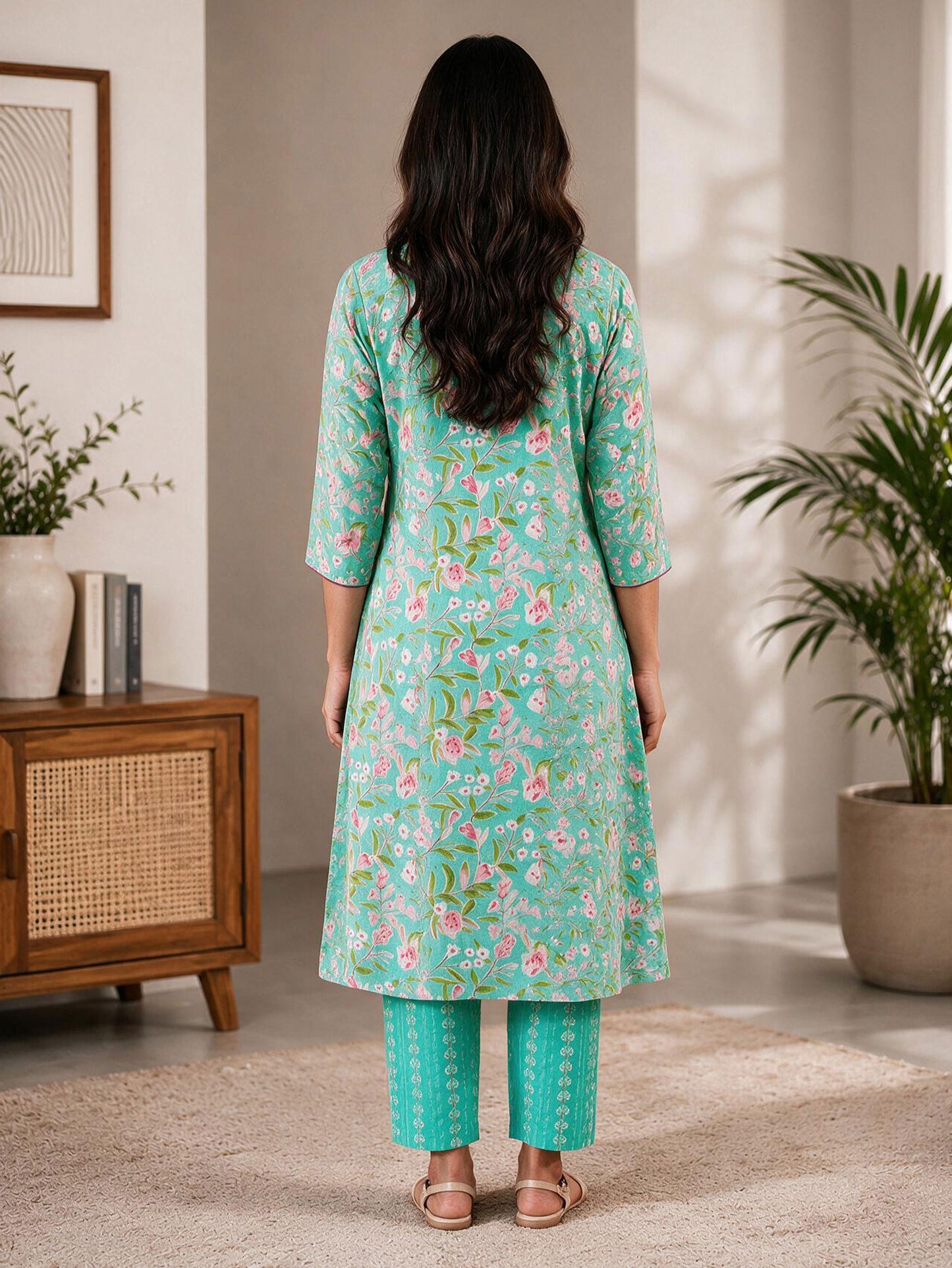 Soft Cotton Floral Flared Green Kurta