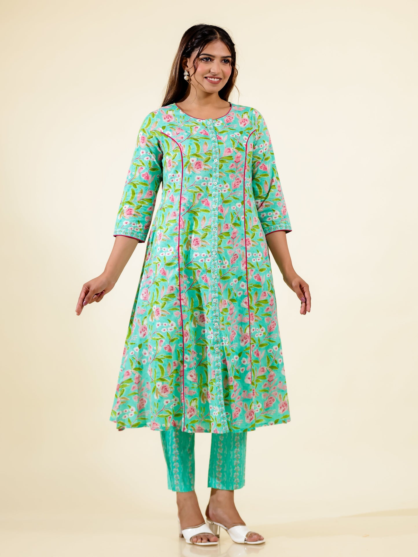 Soft Cotton Floral A-line Green Kurta