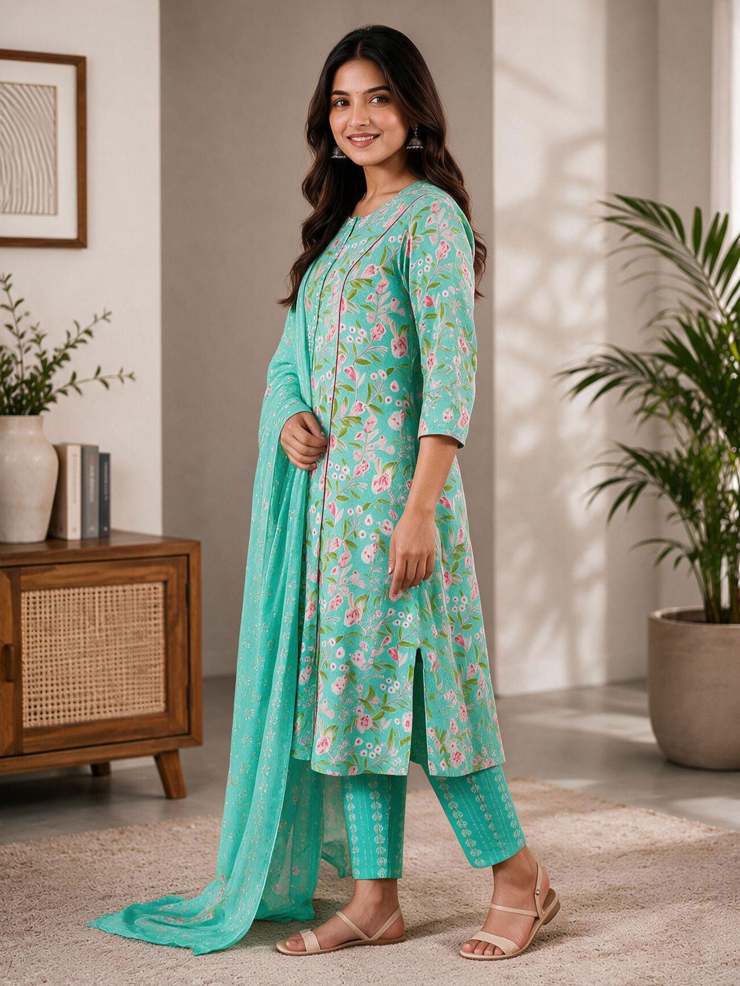 Soft Cotton Floral Flared Green Kurta