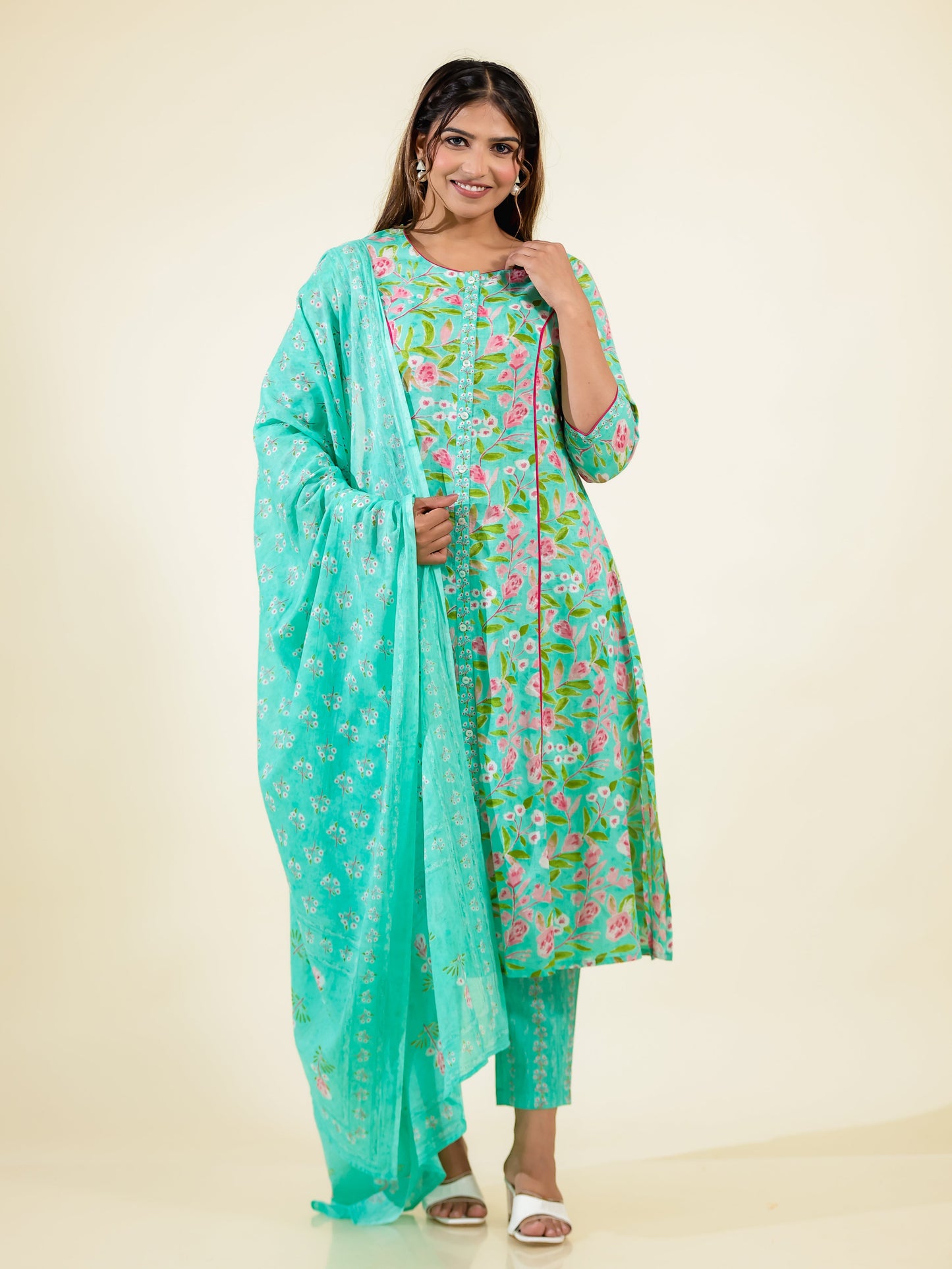 Soft Cotton Floral A-line Green Kurta