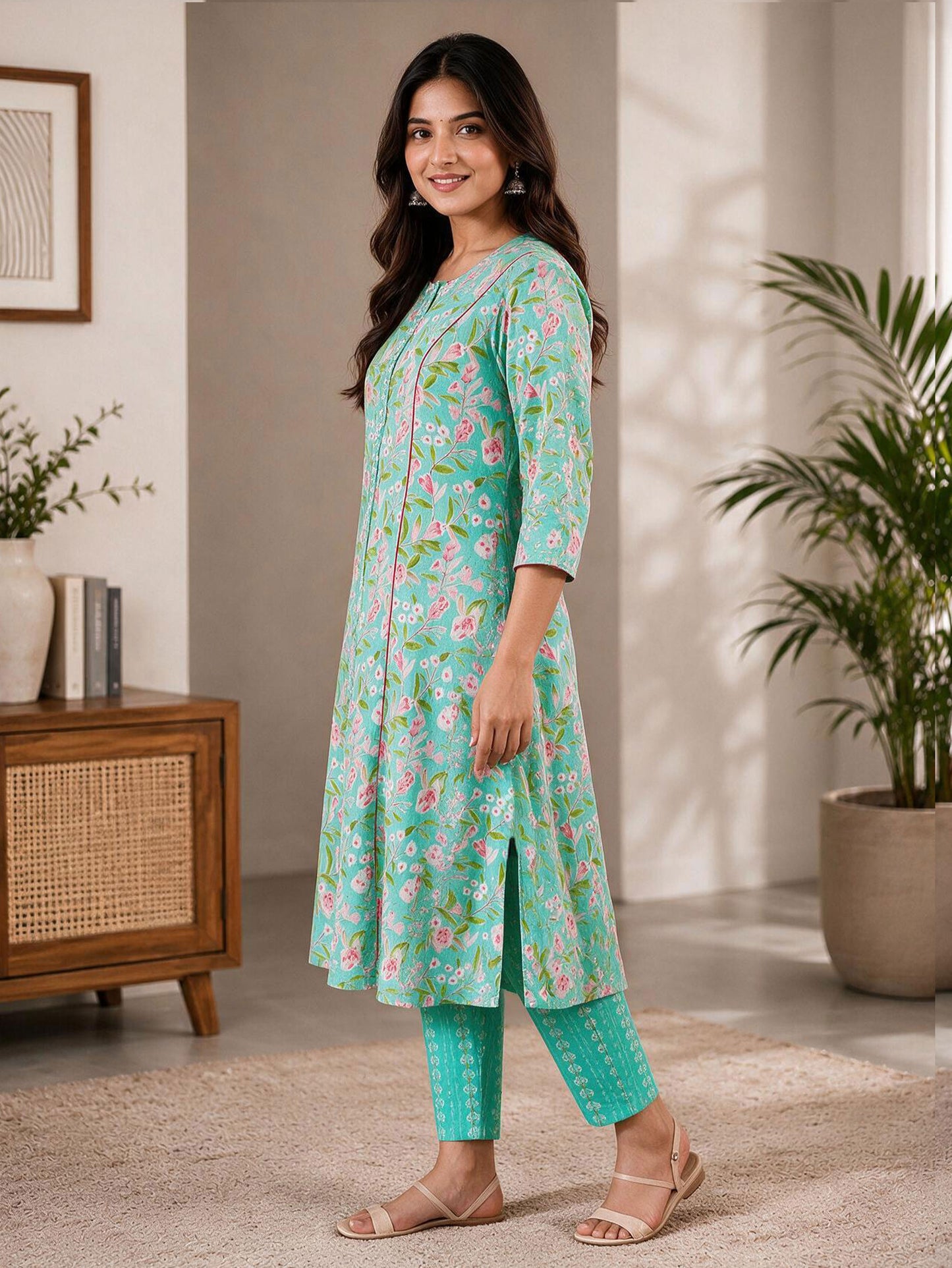 Soft Cotton Floral Flared Green Kurta