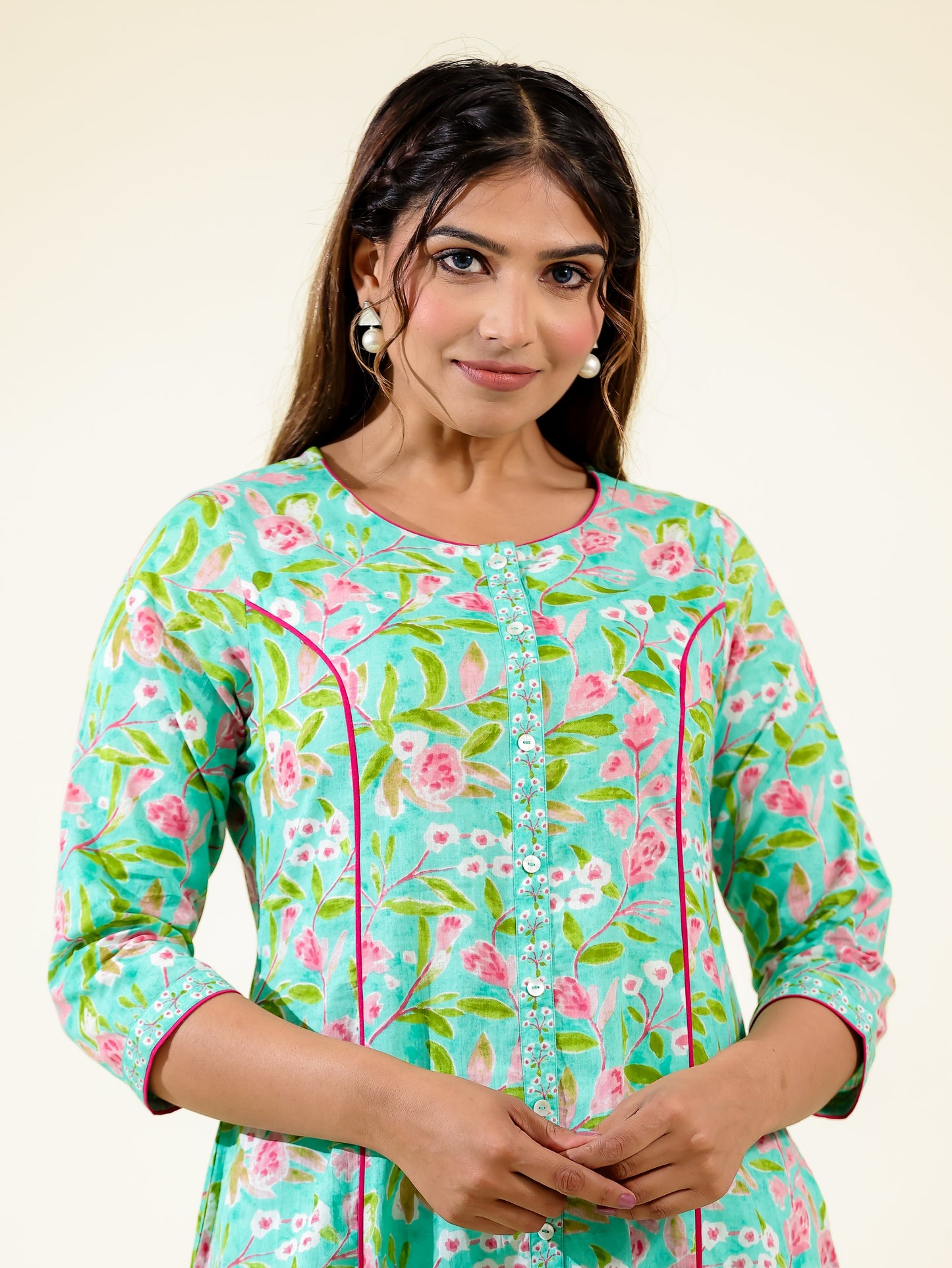 Soft Cotton Floral A-line Green Kurta