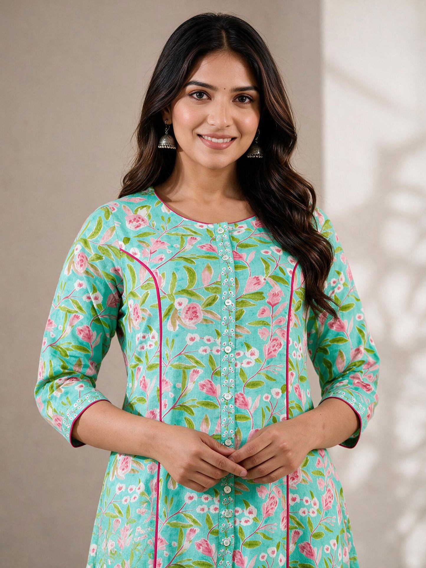 Soft Cotton Floral Flared Green Kurta