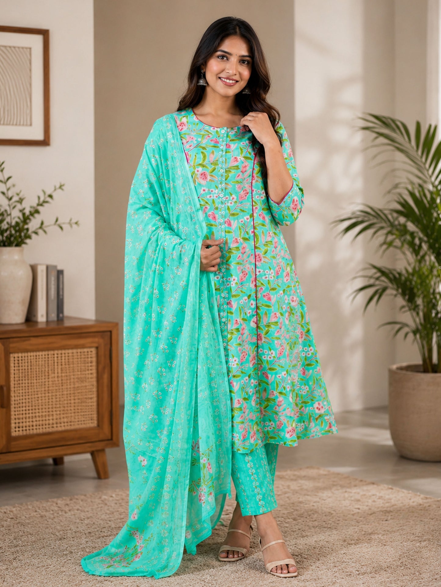Soft Cotton Floral Flared Green Kurta
