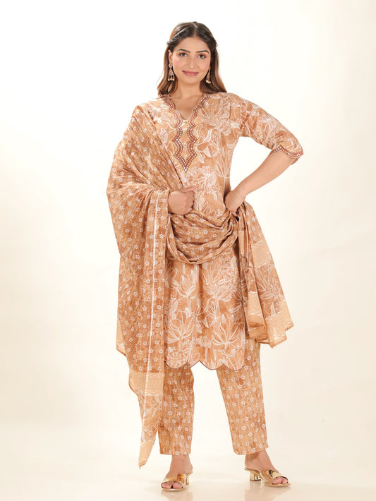 Soft Cotton Floral Straight Brown Kurta