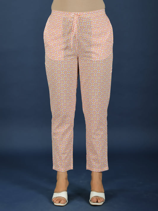Soft Cotton Geometric White Tapered Trousers