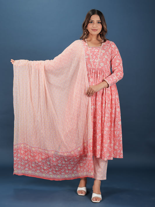 Soft Cotton Floral Anarkali Pink Kurta