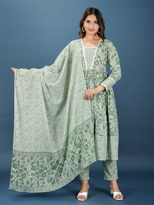 Soft Cotton Floral Anarkali Green Kurta
