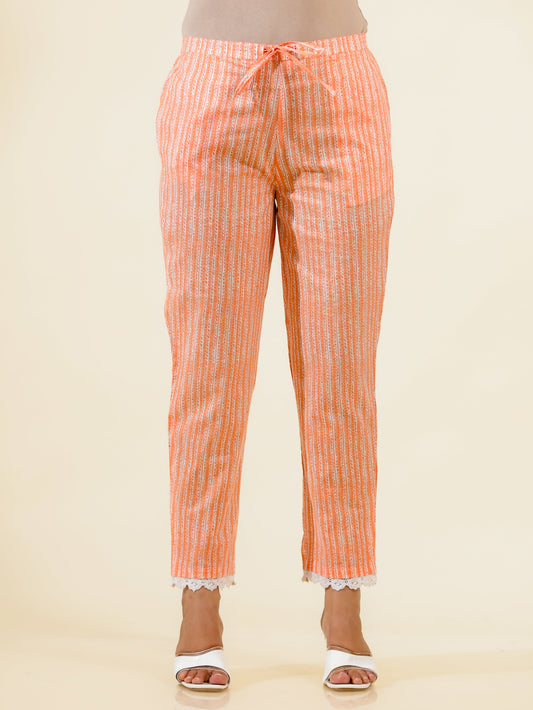 Soft Cotton Striped Orange Tapered Trousers