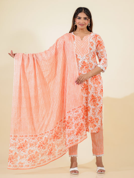 Soft Cotton Floral Straight Orange Kurta