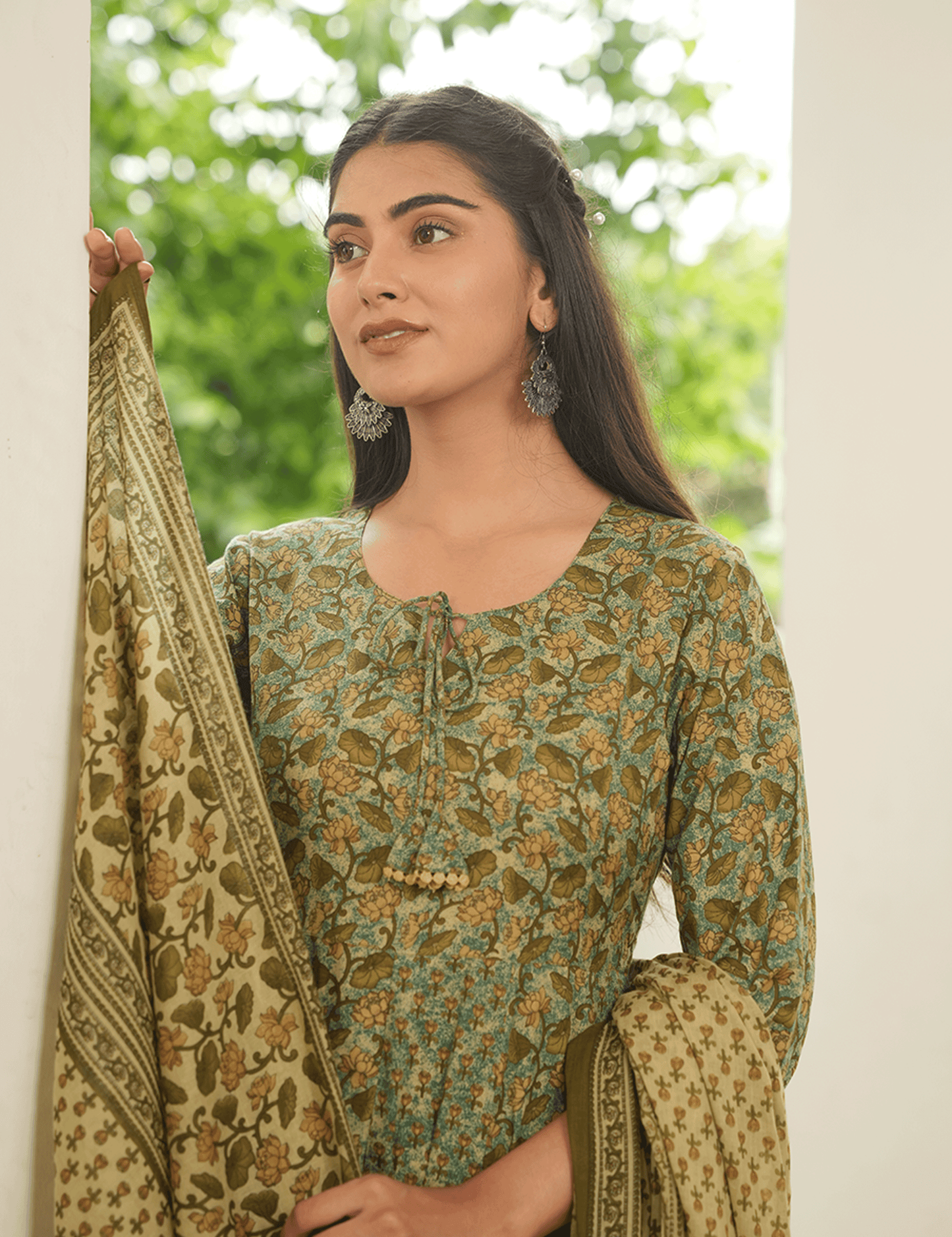 Soft Cotton Floral Anarkali Green Kurta