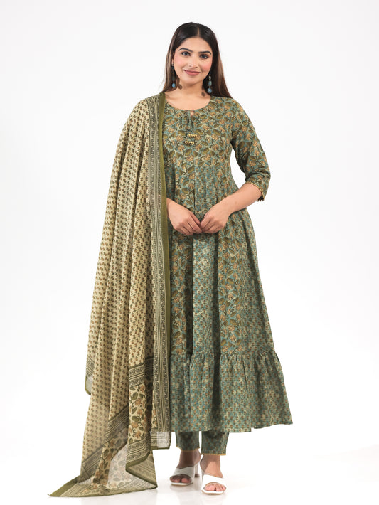 Soft Cotton Floral Anarkali Green Kurta