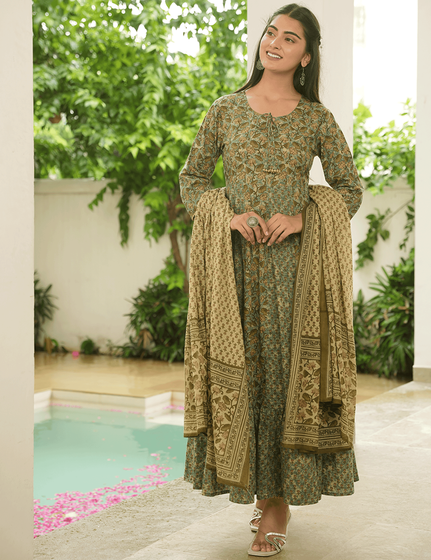 Soft Cotton Floral Anarkali Green Kurta