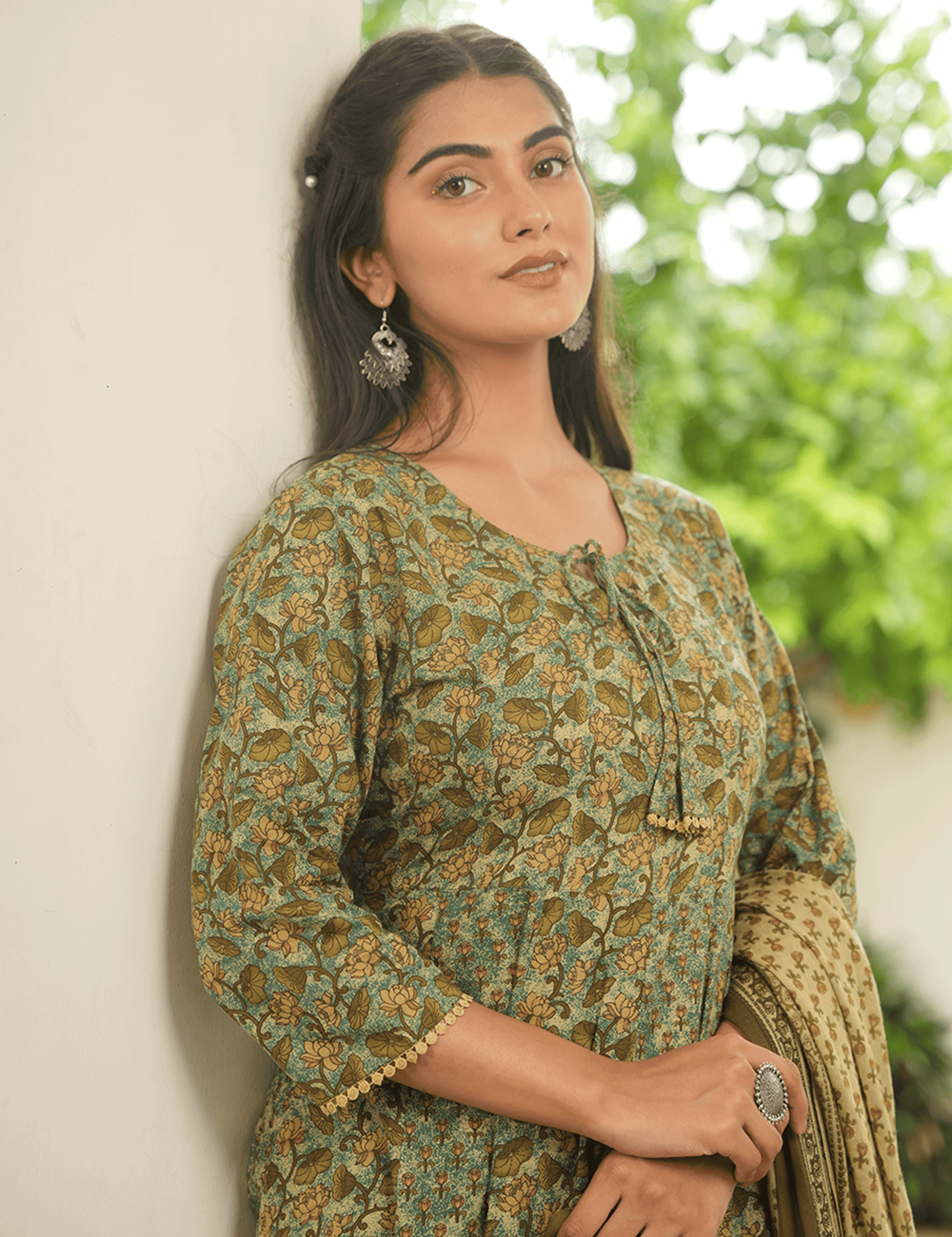 Soft Cotton Floral Anarkali Green Kurta
