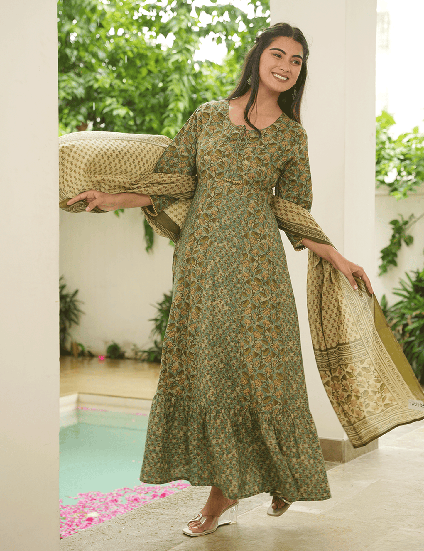 Soft Cotton Floral Anarkali Green Kurta