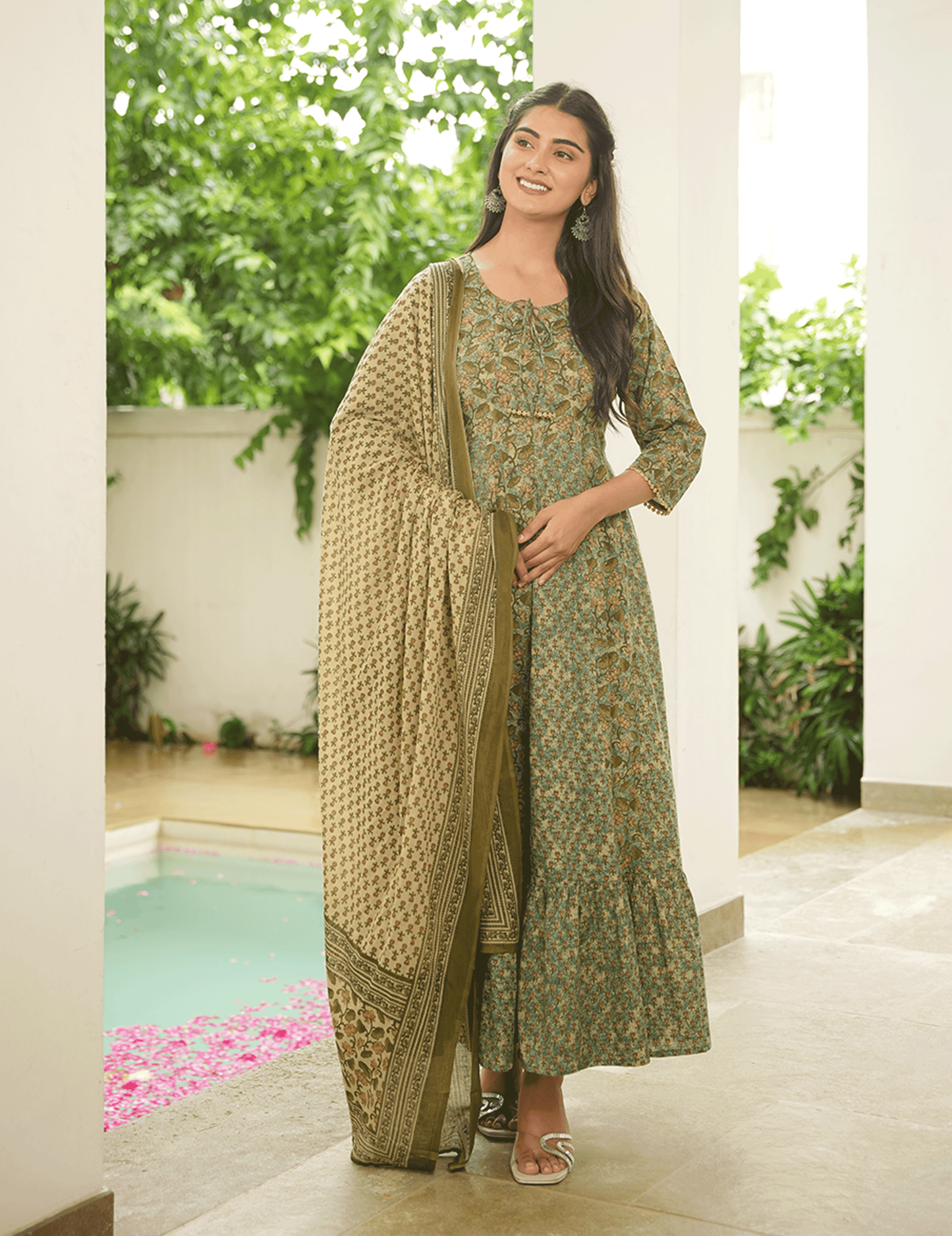 Soft Cotton Floral Anarkali Green Kurta