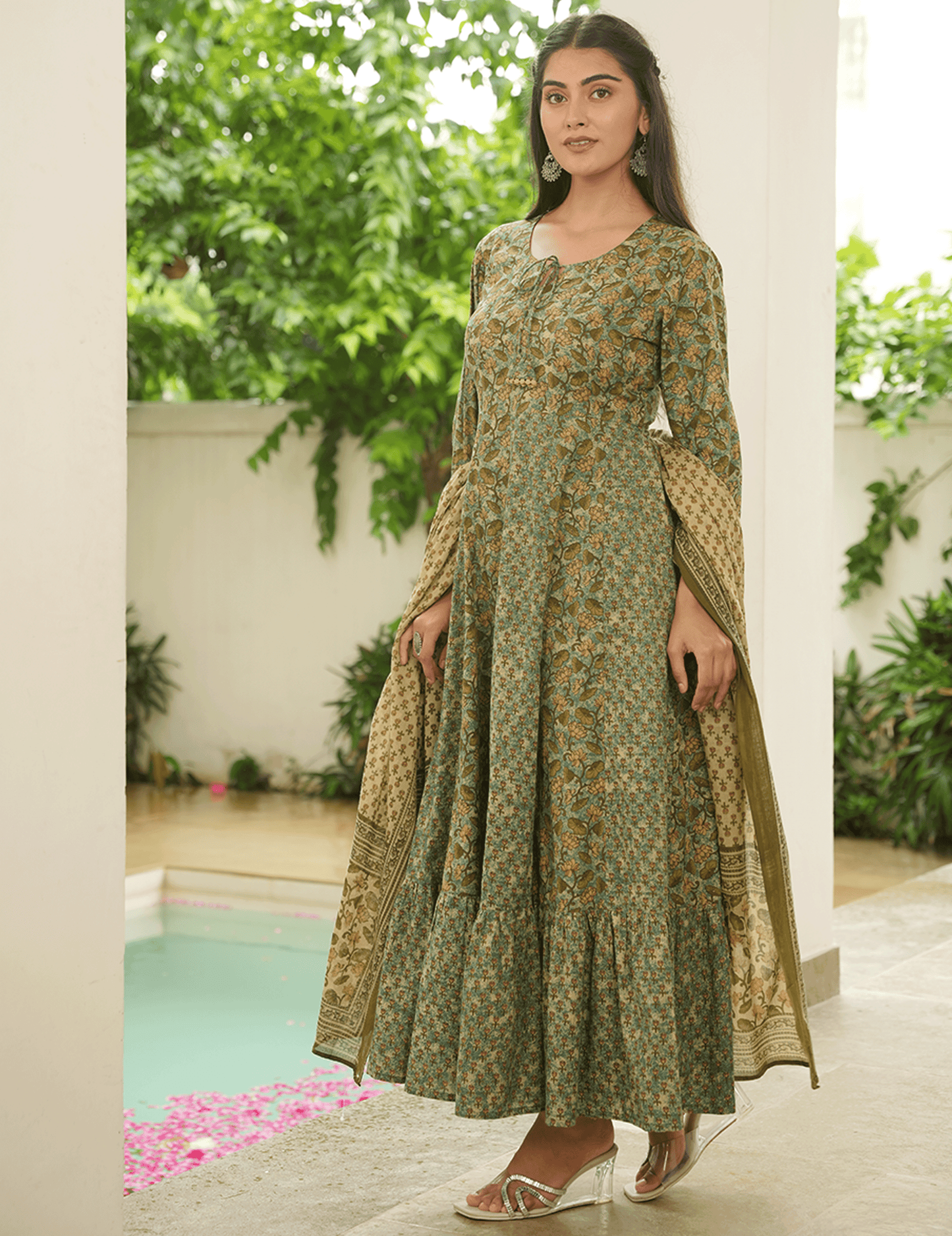 Soft Cotton Floral Anarkali Green Kurta