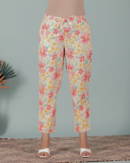 Soft Cotton Floral Cream Tapered Trousers